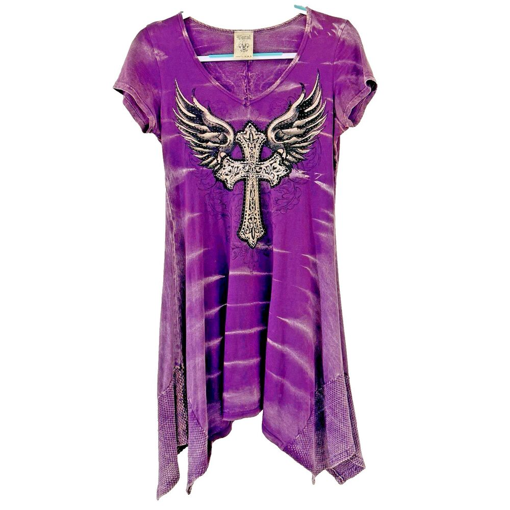 Vocal Top Women Small Purple Tunic Acid Wash Rhinestone Cross Wings Textured